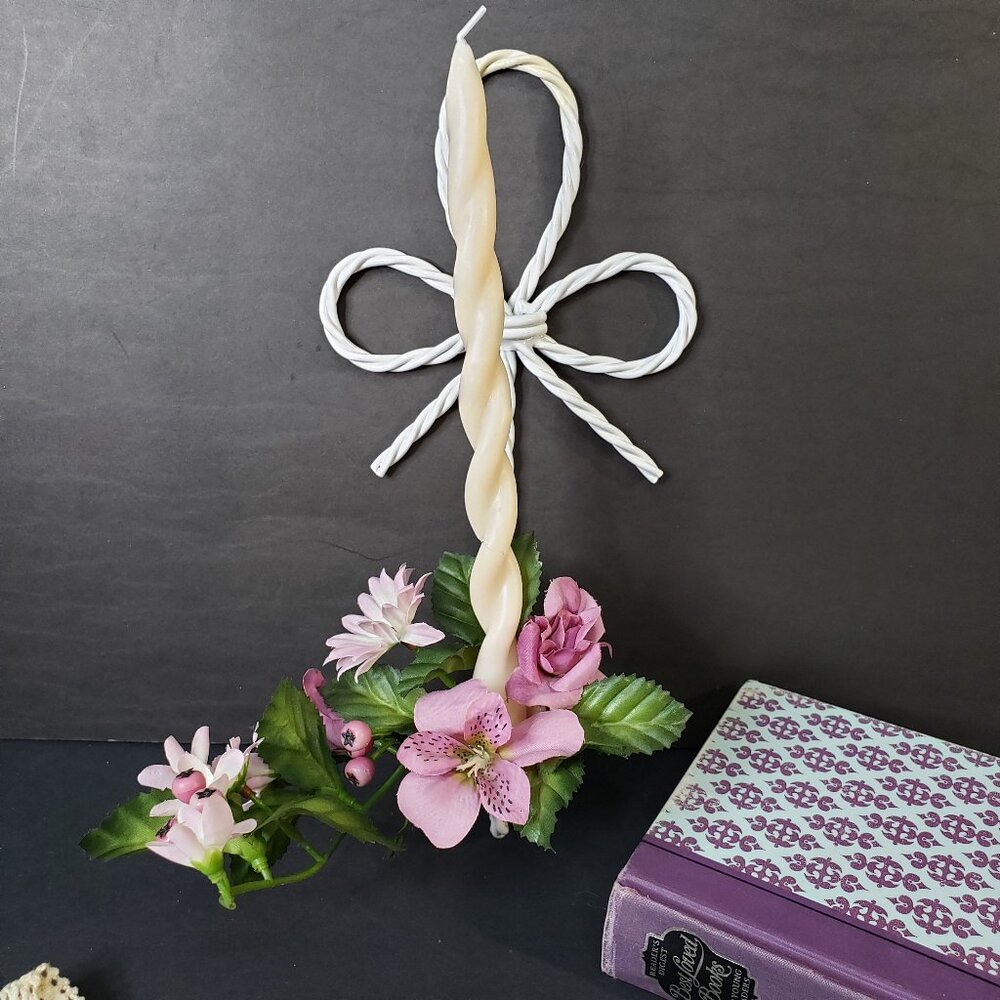 Vintage French Country Twisted White Metal Bow Wall Candle Sconce